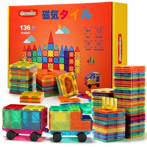 Gemmicc 136 PCS マグネットタイル 積み木ブロック 子供用 STEM認可 教育玩具 マグネットパズル 積み木 男の子 女の子用 2台の車が付属しています 彡 025 dc 3 b 1