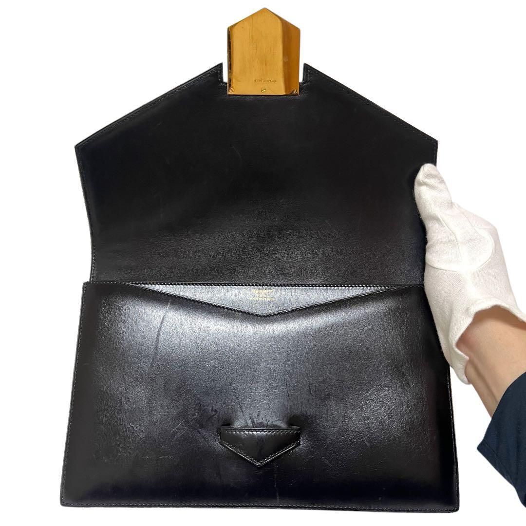 212◆美品　エルメス　ファコ　ブラッククラッチバック　金金具　ヴィンテージ HERMES エルメス ファコ クラッチバッグ ボックスカーフ ブラック 黒