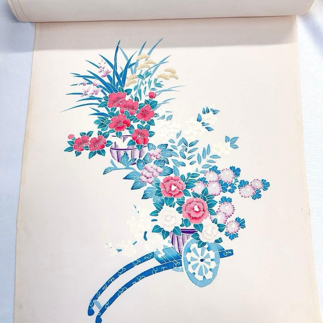 反物　着尺　付け下げ　花車　椿　菊花　牡丹　桔梗　梅　ちりめん　着物　091tz 反物 着尺 付け下げ 花車 椿 菊花 牡丹 桔梗 梅 ちりめん 着物 091tz