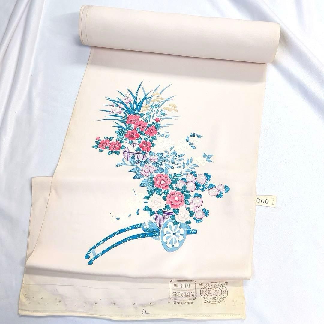反物　着尺　付け下げ　花車　椿　菊花　牡丹　桔梗　梅　ちりめん　着物　091tz 反物 着尺 付け下げ 花車 椿 菊花 牡丹 桔梗 梅 ちりめん 着物 091tz