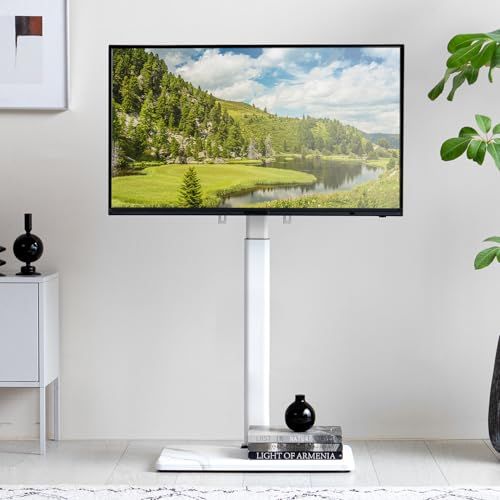 モダンデコ テレビスタンド 高さ調整 首振り 棚付き 32?70インチ対応 スリム 簡単組み立て 転倒防止 石目調 マーブルホワイト ホワイト 棚なしタイプ e ffea 561 d