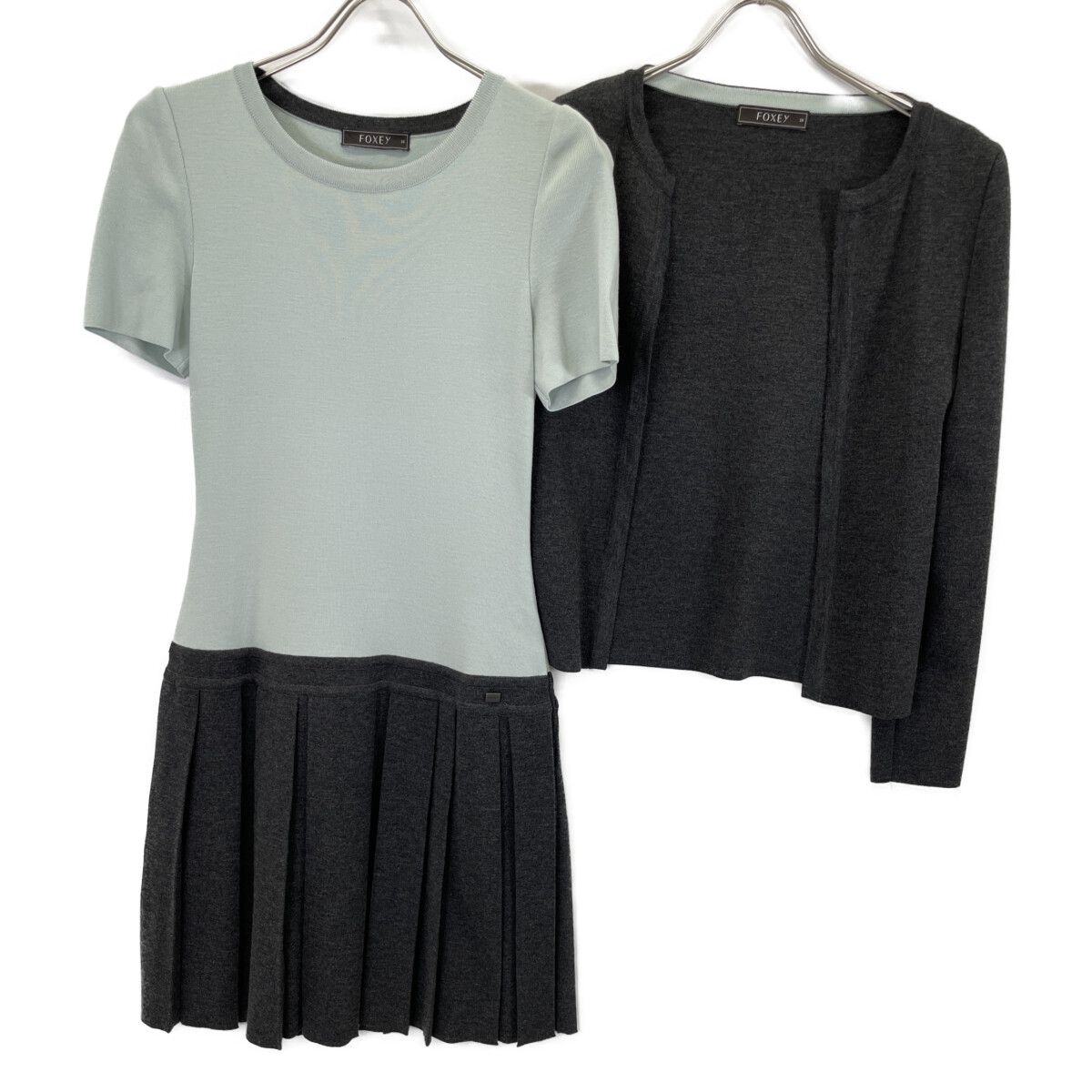 FOXEY フォクシー 29007 ｸﾞﾚｰ×ﾐﾝﾄｸﾞﾘｰﾝ ｳｰﾙﾆｯﾄ ﾜﾝﾋﾟｰｽ ｱﾝｻﾝﾌﾞﾙ 38