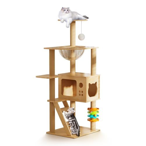 LUCKY NAVI キャットタワー 木製 スリム シニア猫 太った猫 短足猫 子猫向け 猫タワー 木目調 おしゃれ 多頭飼い対応 宇宙船型透明ボウル 猫ハウス 展望台 爪とぎポール 登りやすい階段 省スペース 高い安定性 0531 f 685