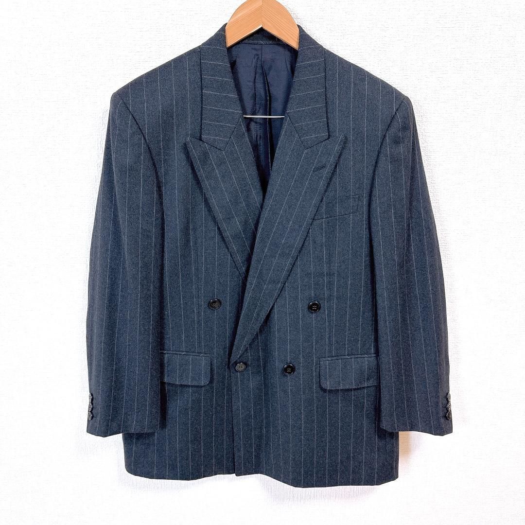 LANVIN PARIS ダブル スーツ セットアップ XL相当 紺 ストライプ 美品】LANVIN ダブルスーツ セットアップ カシミヤ混 ダークネイビー