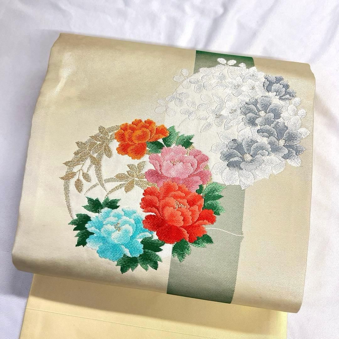 名古屋帯　正絹　金糸　銀糸　牡丹　花輪　竹　絵霞　着物　081tz 名古屋帯 正絹 金糸 銀糸 牡丹 花輪 竹 絵霞 着物 081tz 【公式通販】