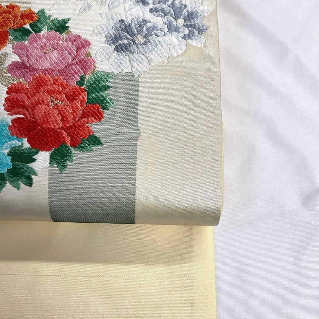 名古屋帯 正絹 金糸 銀糸 牡丹 花輪 竹 絵霞 着物 081tz 【公式通販】