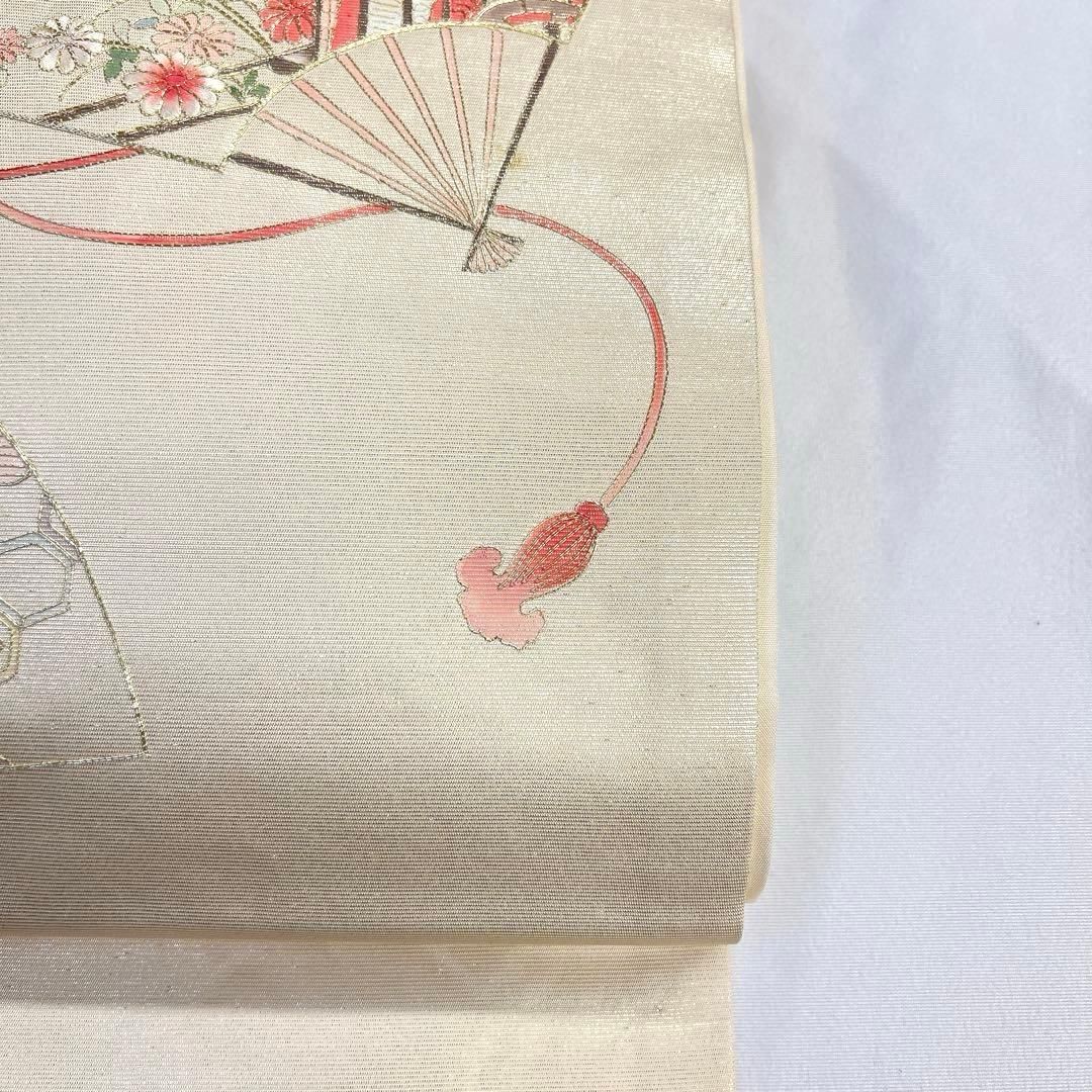 名古屋帯　正絹　金糸　扇　御所車　菊花　亀甲模様　花菱　雲　着物　081tz 名古屋帯 正絹 金糸 扇 御所車 菊花 亀甲模様 花菱 雲 着物 081tz