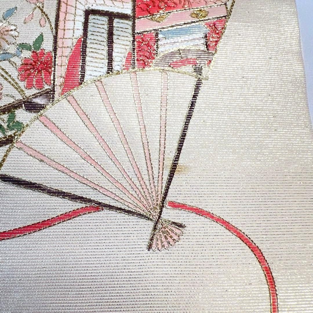 名古屋帯　正絹　金糸　扇　御所車　菊花　亀甲模様　花菱　雲　着物　081tz 名古屋帯 正絹 金糸 扇 御所車 菊花 亀甲模様 花菱 雲 着物 081tz
