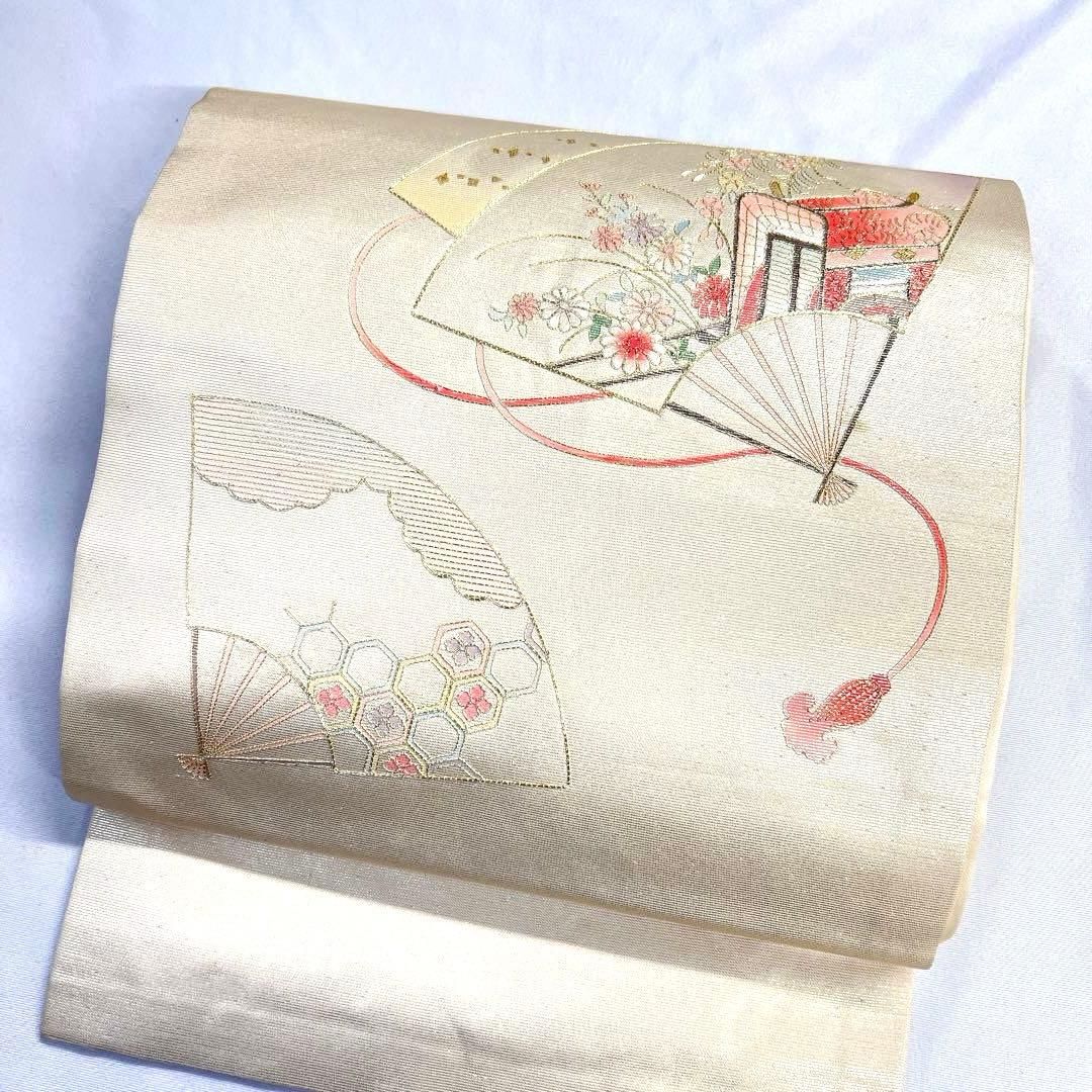 名古屋帯　正絹　金糸　扇　御所車　菊花　亀甲模様　花菱　雲　着物　081tz 名古屋帯 正絹 金糸 扇 御所車 菊花 亀甲模様 花菱 雲 着物 081tz
