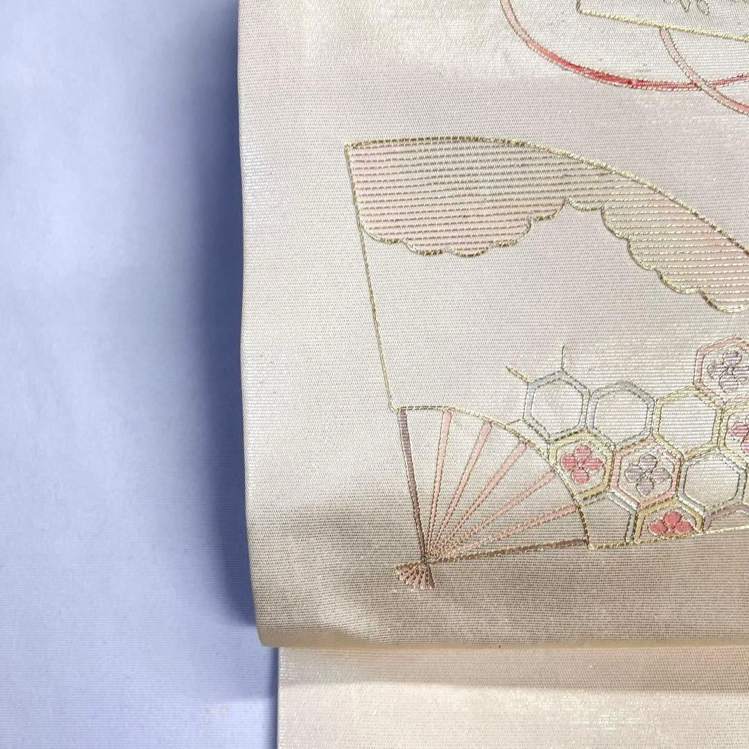 名古屋帯 正絹 金糸 扇 御所車 菊花 亀甲模様 花菱 雲 着物 081tz