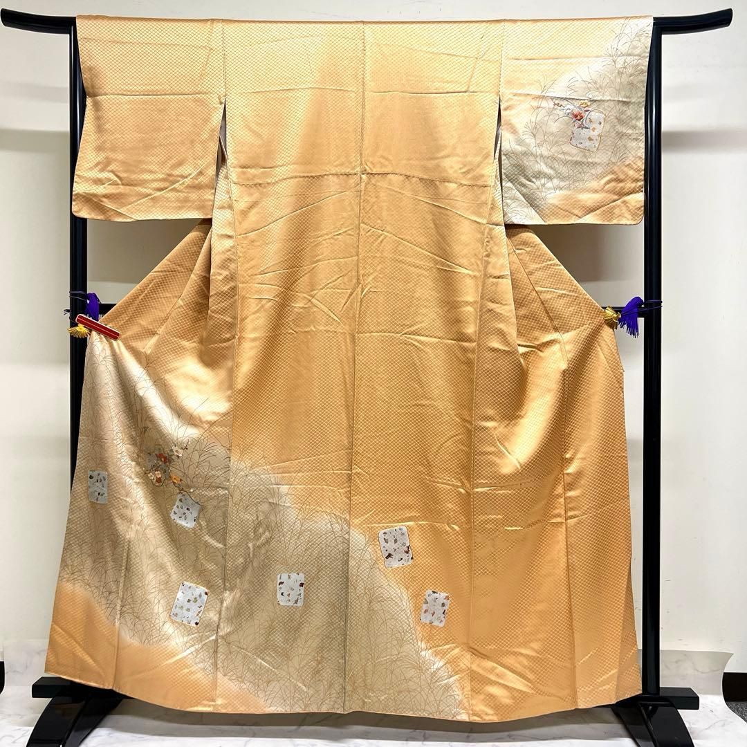 付け下げ　正絹　金駒刺繍　刺繍　色紙　花籠　芒　椿　梅花　着物　075tz 付け下げ 正絹 金駒刺繍 刺繍 色紙 花籠 芒 椿 梅花 着物 075tz - メルカリ