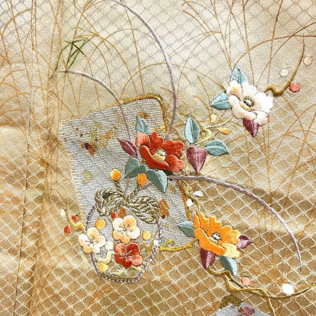 付け下げ　正絹　金駒刺繍　刺繍　色紙　花籠　芒　椿　梅花　着物　075tz 付け下げ 正絹 金駒刺繍 刺繍 色紙 花籠 芒 椿 梅花 着物 075tz - メルカリ