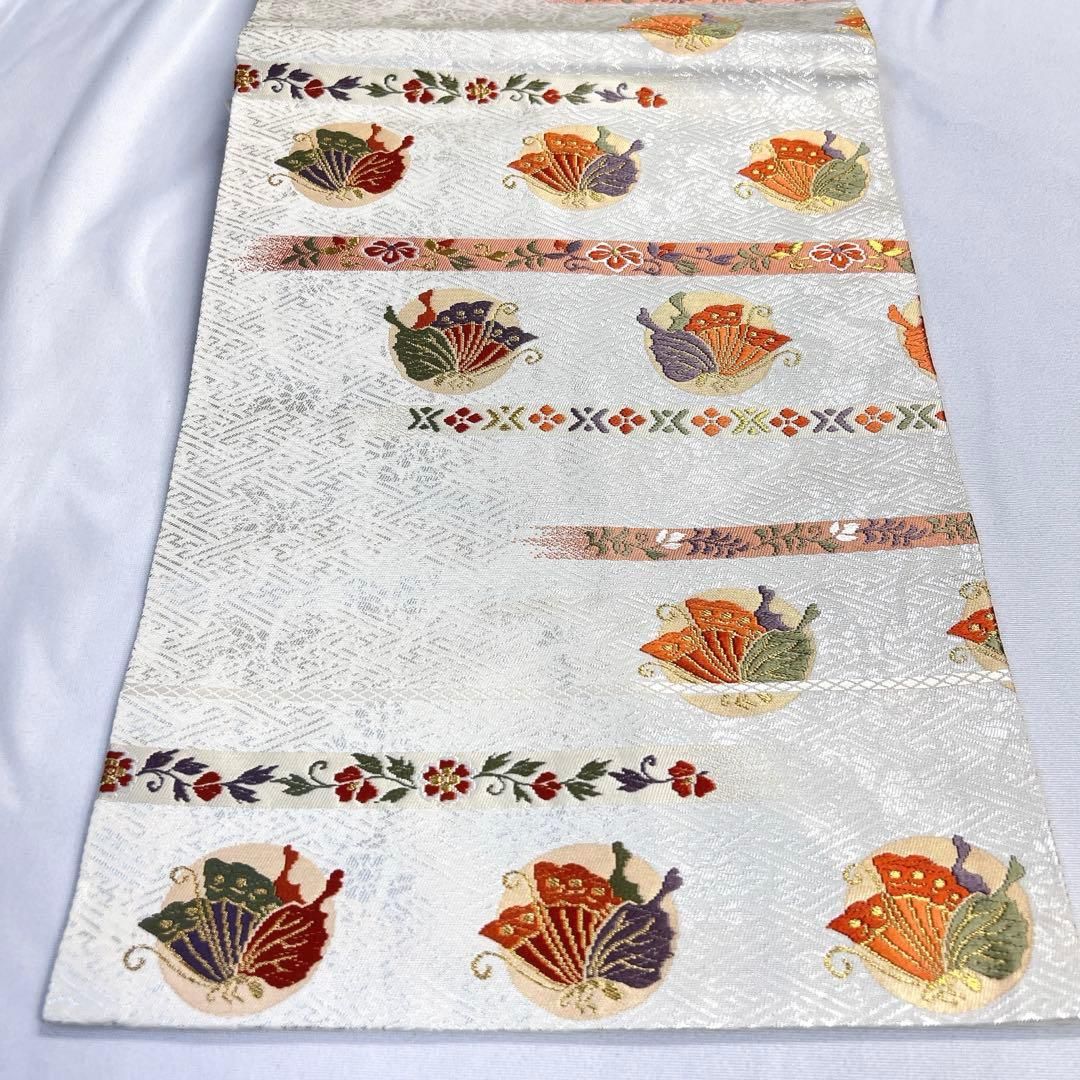 名古屋帯 正絹 金糸 銀糸 蝶 横縞 紗綾形 花模様 着物 075tz - メルカリ