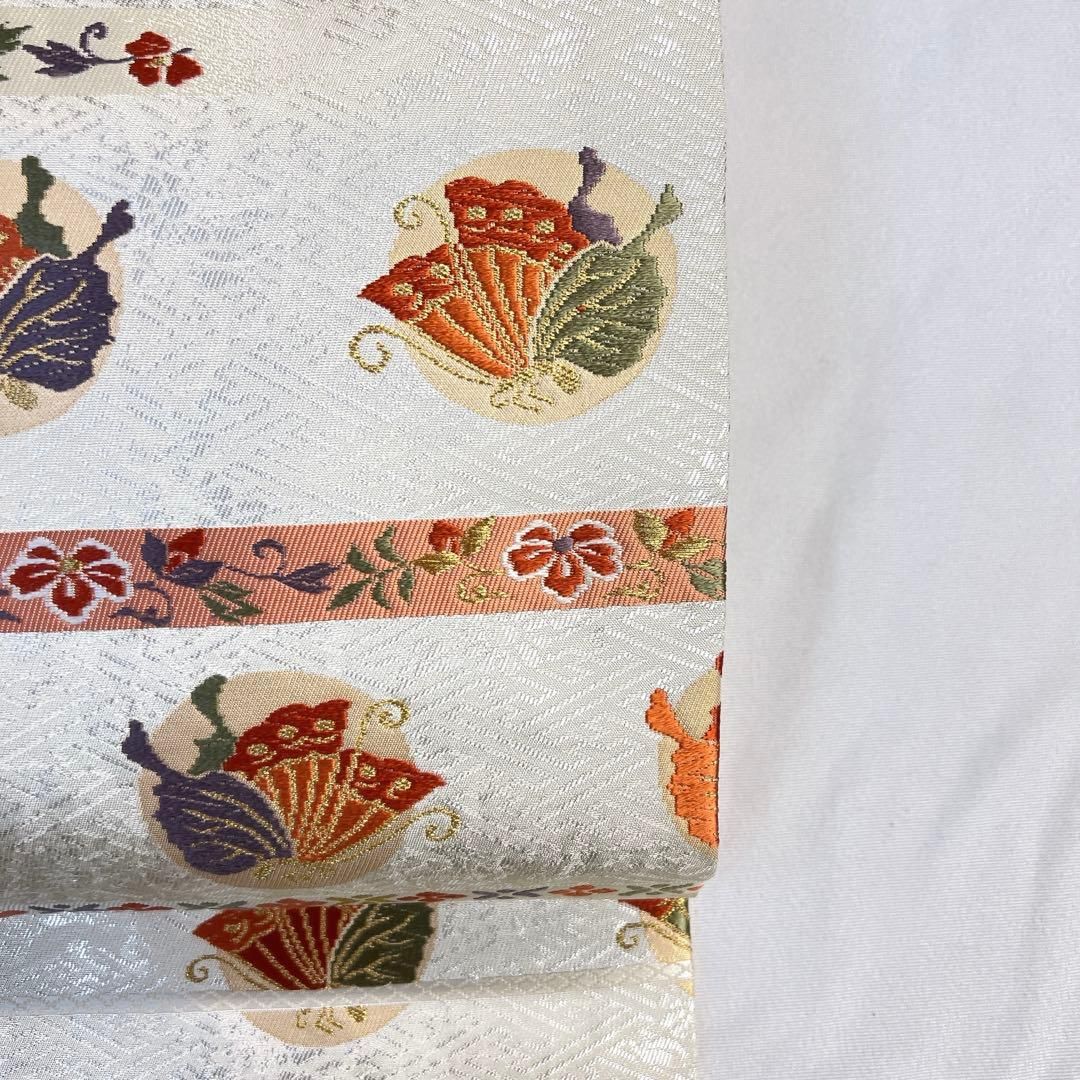 名古屋帯 正絹 金糸 銀糸 蝶 横縞 紗綾形 花模様 着物 075tz - メルカリ
