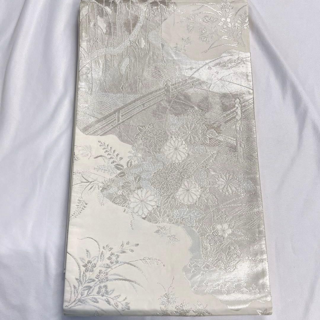 袋帯　銀糸　橋　菊花　波　流水　花模様　枝垂れ　着物　075tz 袋帯 銀糸 橋 菊花 波 流水 花模様 枝垂れ 着物 075tz - メルカリ