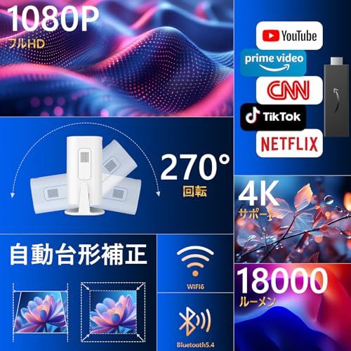 プロジェクター 小型 18000ルーメン 270°回転 天井投影 家庭用 自動台形補正 Wi Fi 6 Bluetooth 5 4 K対応 ホームプロジェクター 短距離投影 300インチ大画面 スタンド一体型 軽量 一人暮らし b 8 a 2 f 1