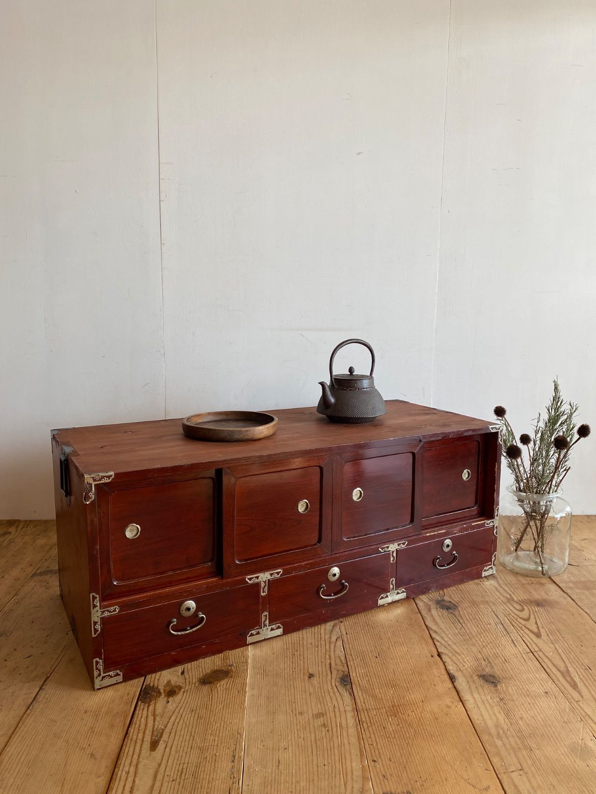 昭和レトロ ラタンサイドボード テレビ台 古家具 4段10杯 引き出し箪笥 7krk23.jpg