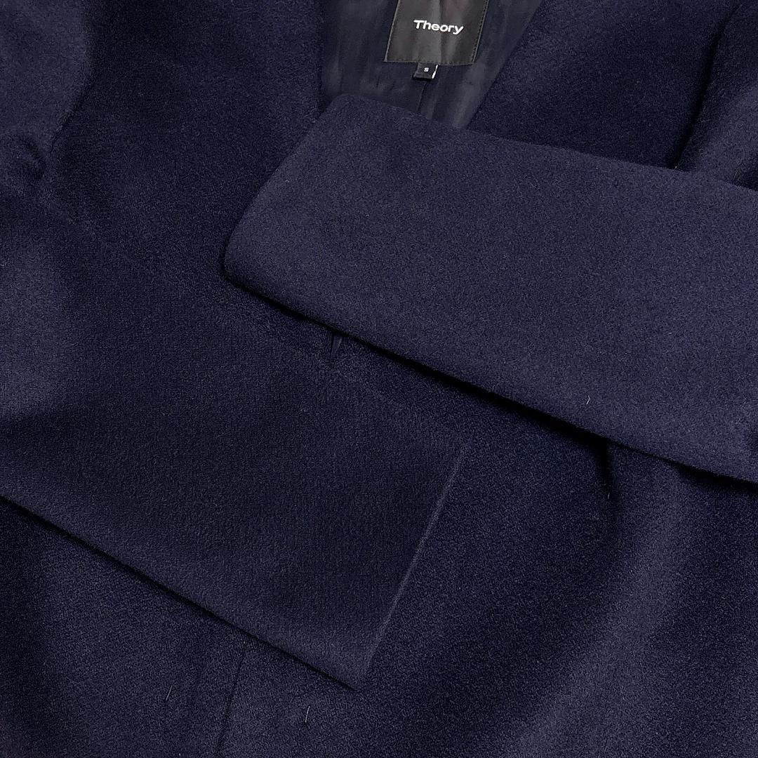 美品】 theory ノーカラーメルトンコート カシミヤ100 S ネイビー 