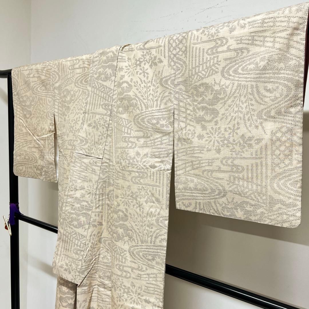 小紋　正絹　紬　流水　笹の葉　橋　竹垣　花模様　楓　着物　072tz 小紋 正絹 紬 流水 笹の葉 橋 竹垣 花模様 楓 着物 072tz 【公式通販】