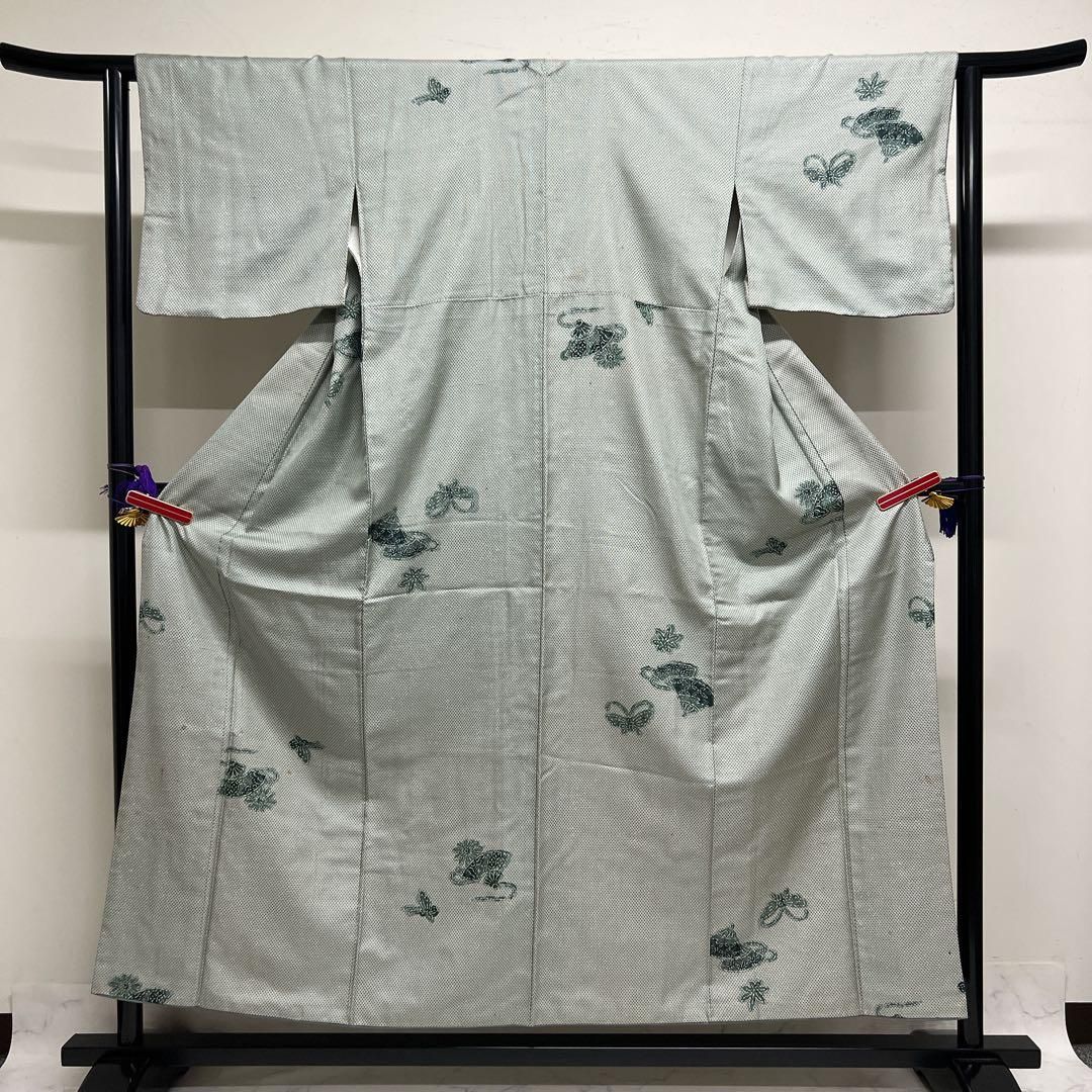 小紋　正絹　扇　蝶　楓　菊花　七宝　笹の葉　グリーンカラー　着物　071tz 小紋 正絹 扇 蝶 楓 菊花 七宝 笹の葉 グリーンカラー 着物 071tz