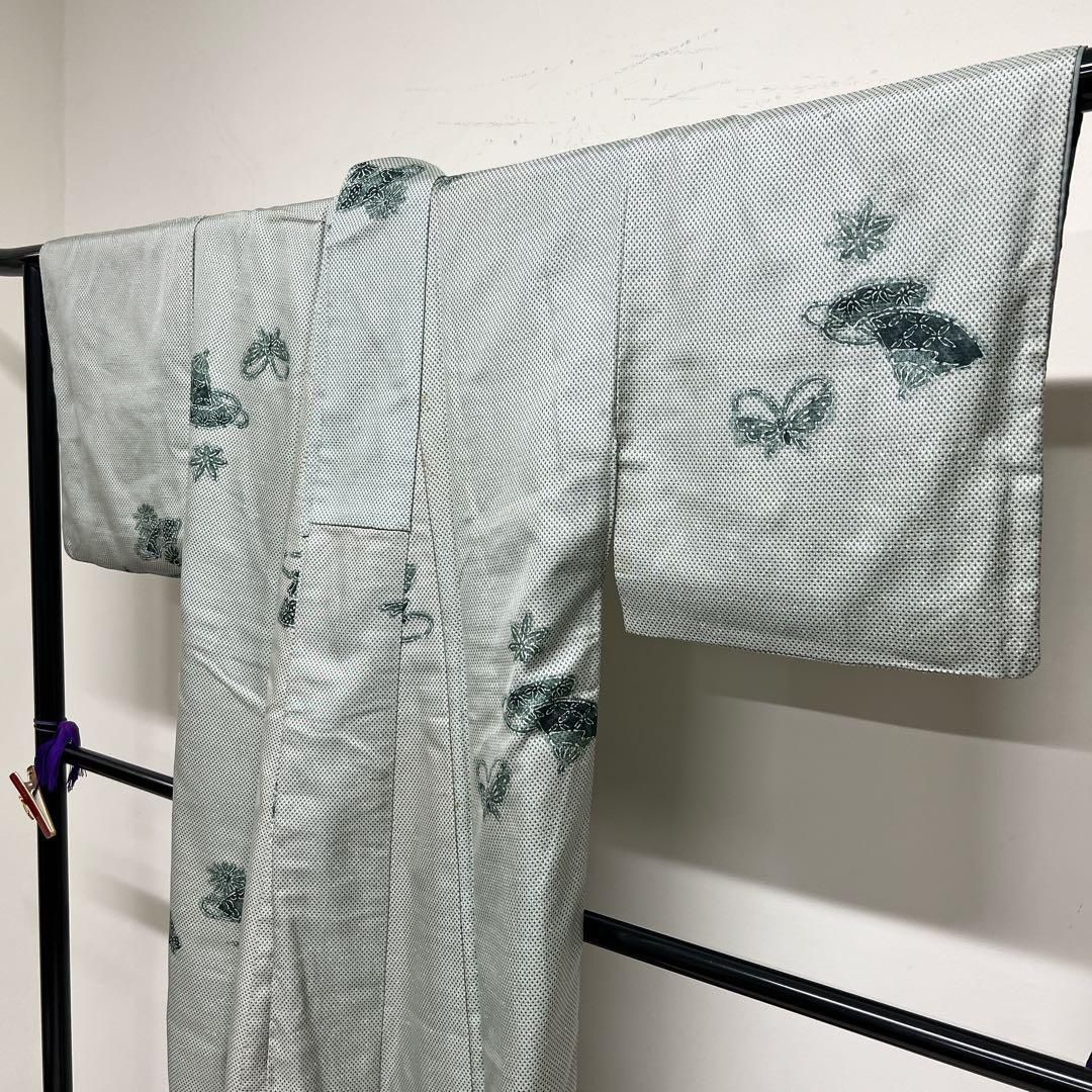 小紋　正絹　扇　蝶　楓　菊花　七宝　笹の葉　グリーンカラー　着物　071tz 小紋 正絹 扇 蝶 楓 菊花 七宝 笹の葉 グリーンカラー 着物 071tz