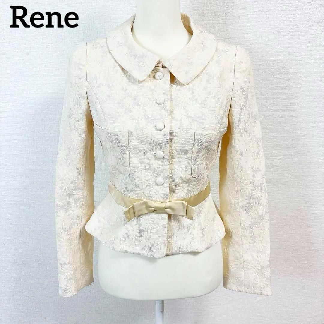René - 【美品】Rene ルネ 花柄刺繍 シルク混ジャケット ウエストリボン　36 美品】Rene ルネ 花柄刺繍 シルク混ジャケット ウエストリボン 36
