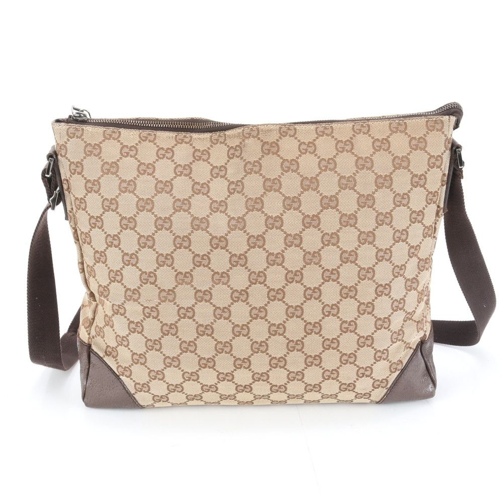 GUCCI グッチ　GGキャンバス ショルダーバッグ　メッセンジャーバッグ　茶色 グッチ GGキャンバス × レザー ショルダー バッグ メッセンジャー ブラウン