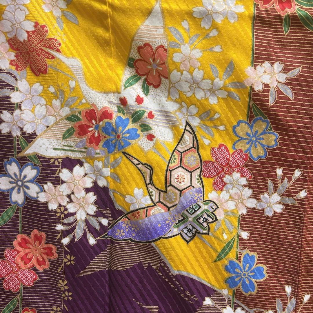 振袖　鶴　桜花　亀甲　青海波　花菱　イエロー　着物　032t 振袖 鶴 桜花 亀甲 青海波 花菱 イエロー 着物 032t 【公式通販】