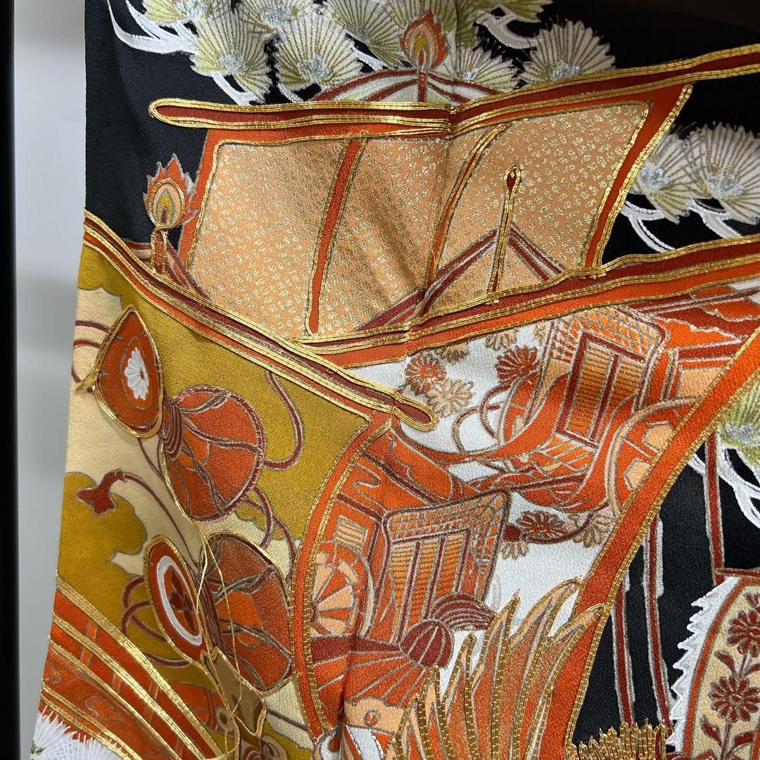 黒留袖 アンティーク 正絹 五つ紋 金駒刺繍 鳳凰 舟 松 流水 着物 062t