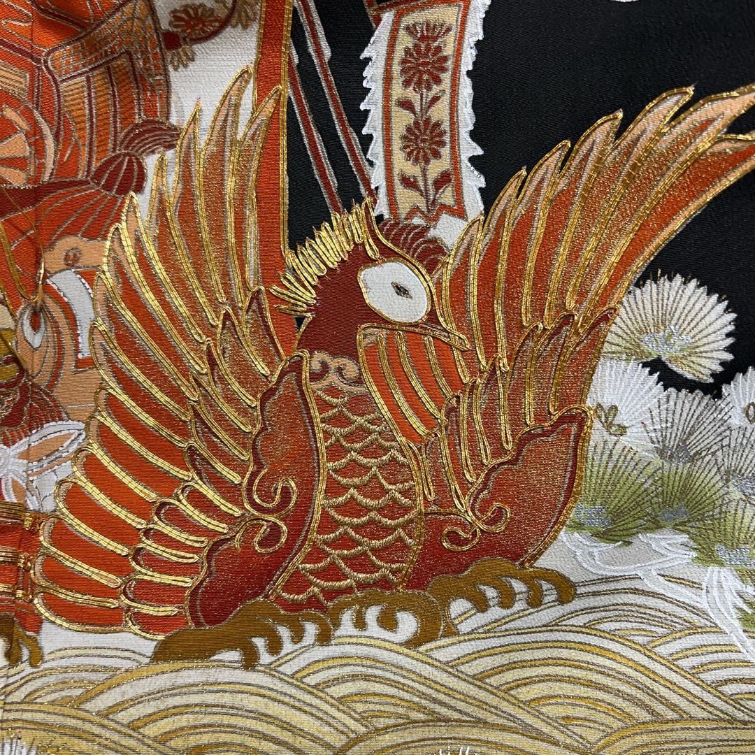 黒留袖 アンティーク 正絹 五つ紋 金駒刺繍 鳳凰 舟 松 流水 着物 062t
