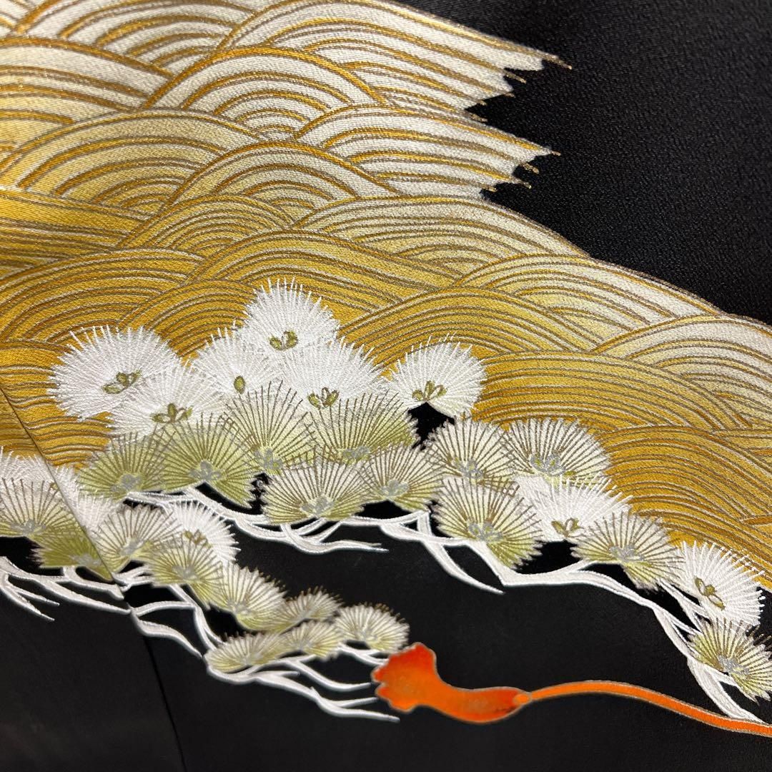 黒留袖 アンティーク 正絹 五つ紋 金駒刺繍 鳳凰 舟 松 流水 着物 062t