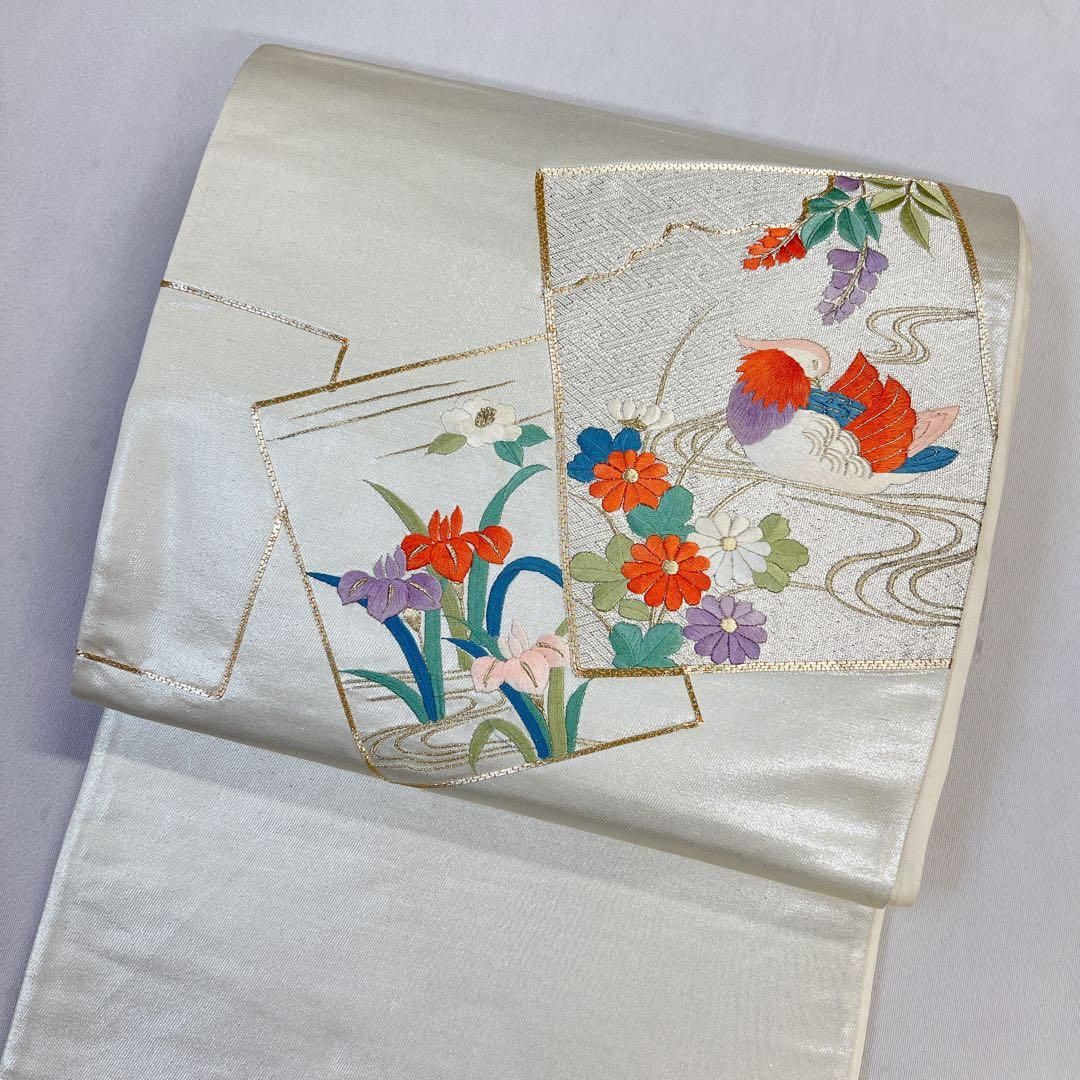 袋帯　正絹　刺繍　金駒刺繍　鳥　菖蒲　菊花　椿　藤　流水　色紙　着物　054t 袋帯 正絹 刺繍 金駒刺繍 鳥 菖蒲 菊花 椿 藤 流水 色紙 着物 054t