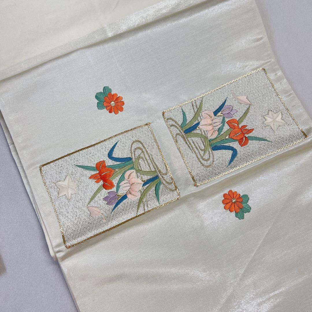 袋帯　正絹　刺繍　金駒刺繍　鳥　菖蒲　菊花　椿　藤　流水　色紙　着物　054t 袋帯 正絹 刺繍 金駒刺繍 鳥 菖蒲 菊花 椿 藤 流水 色紙 着物 054t