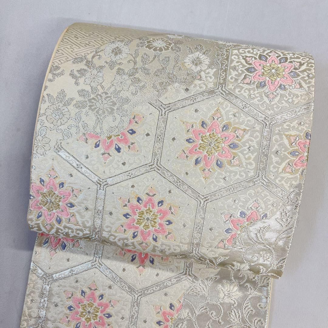 袋帯　正絹　銀糸　亀甲　華紋　唐花模様　檜垣　道長取り　着物　054t 袋帯 正絹 銀糸 亀甲 華紋 唐花模様 檜垣 道長取り 着物 054t 【公式通販】