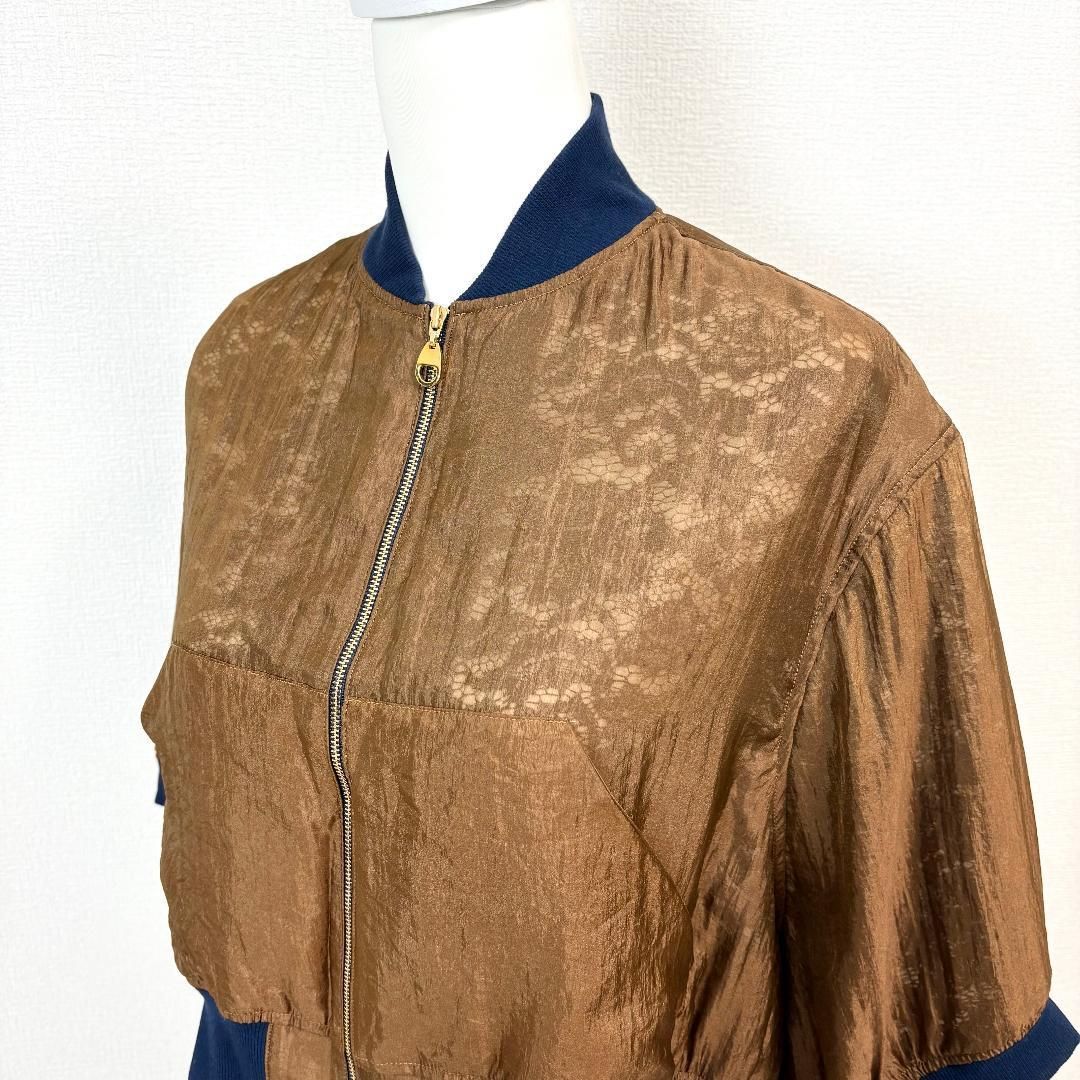 美品】 sakayori ノーカラー透けフラワーレースブルゾン 36 茶×紺 