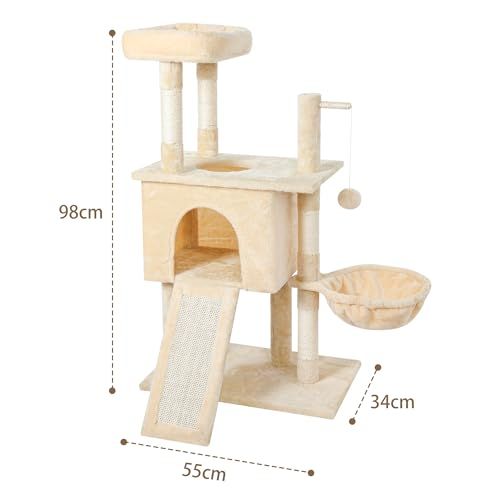Saiveina キャットタワー 猫タワー 多頭飼い 据え置き スリム設計 安定感 見晴台 ねこハウス ボンボンおもちゃ ハンモック 猫ベッド 天然麻紐 爪とぎ 隠れ家 運動不足解消 高さ98 cm ベージュ ce 5 e 2532