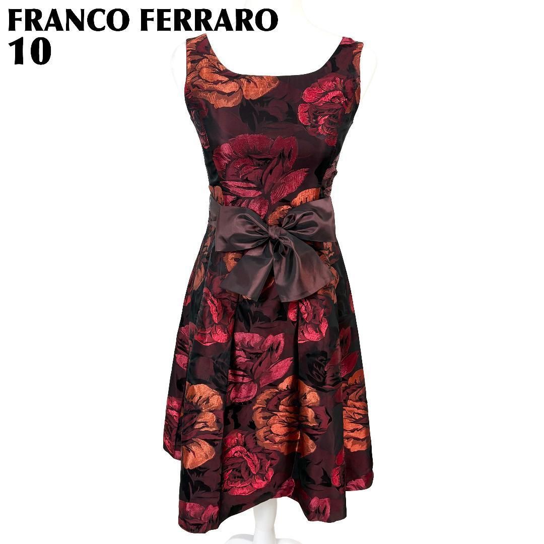 美品 FRANCO FERRARO 薔薇柄ノースリーブワンピース 10 赤ドレス 