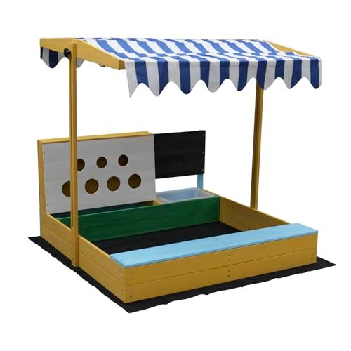 木製サンドボックス ベンチ付き ストライプ日よけ付き 屋外遊び場セット ブルー＆イエローpo a 7 fa 513 e