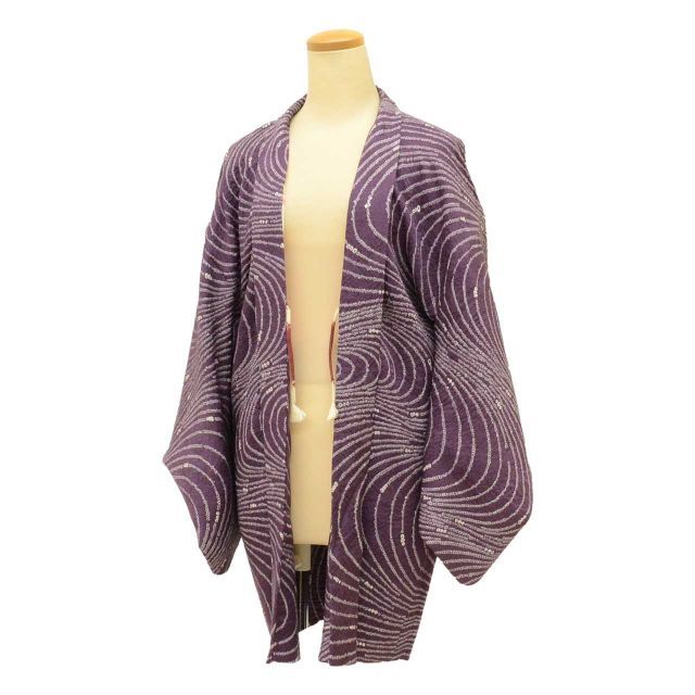 長羽織 リサイクル着物 正絹 絞り 紫 流水 ロング丈 羽織紐付き 身丈