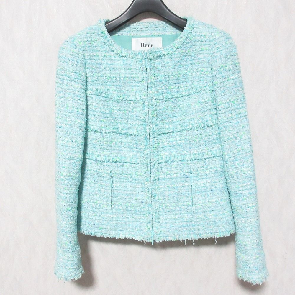 美品 Rene ルネ フランス製生地 ダブルジップ ノーカラー ツイード