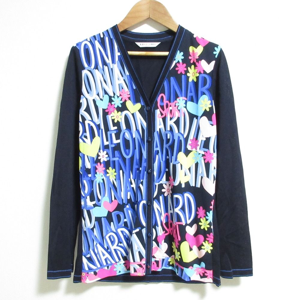 美品　レオナールスポーツ　フード付きカーディガン　42 レオナールスポーツ LEONARD SPORT カーディガン ロング丈 F 黒 総柄 V