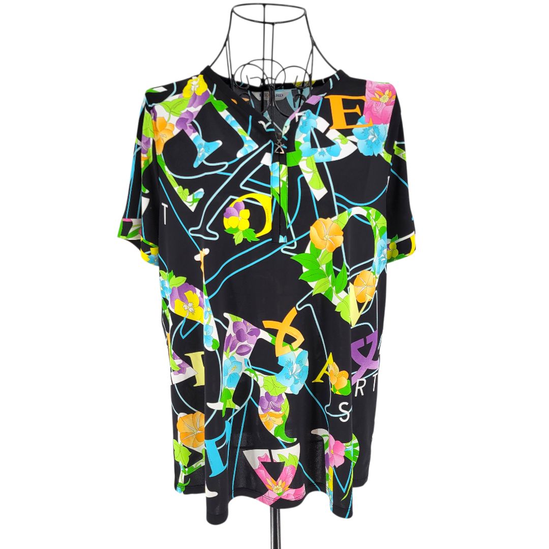 LEONARD レオナール カットソー 半袖 バックファスナー 総柄 ブラック