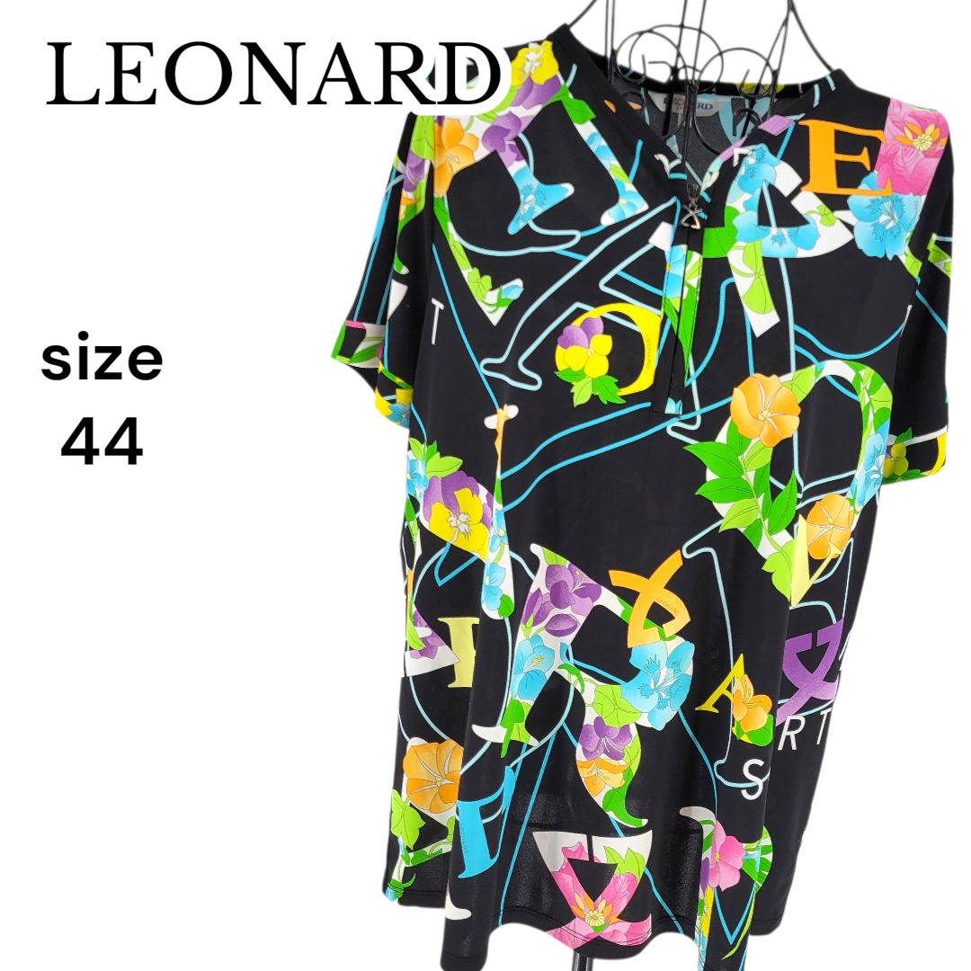 LEONARD レオナール カットソー 半袖 バックファスナー 総柄 ブラック