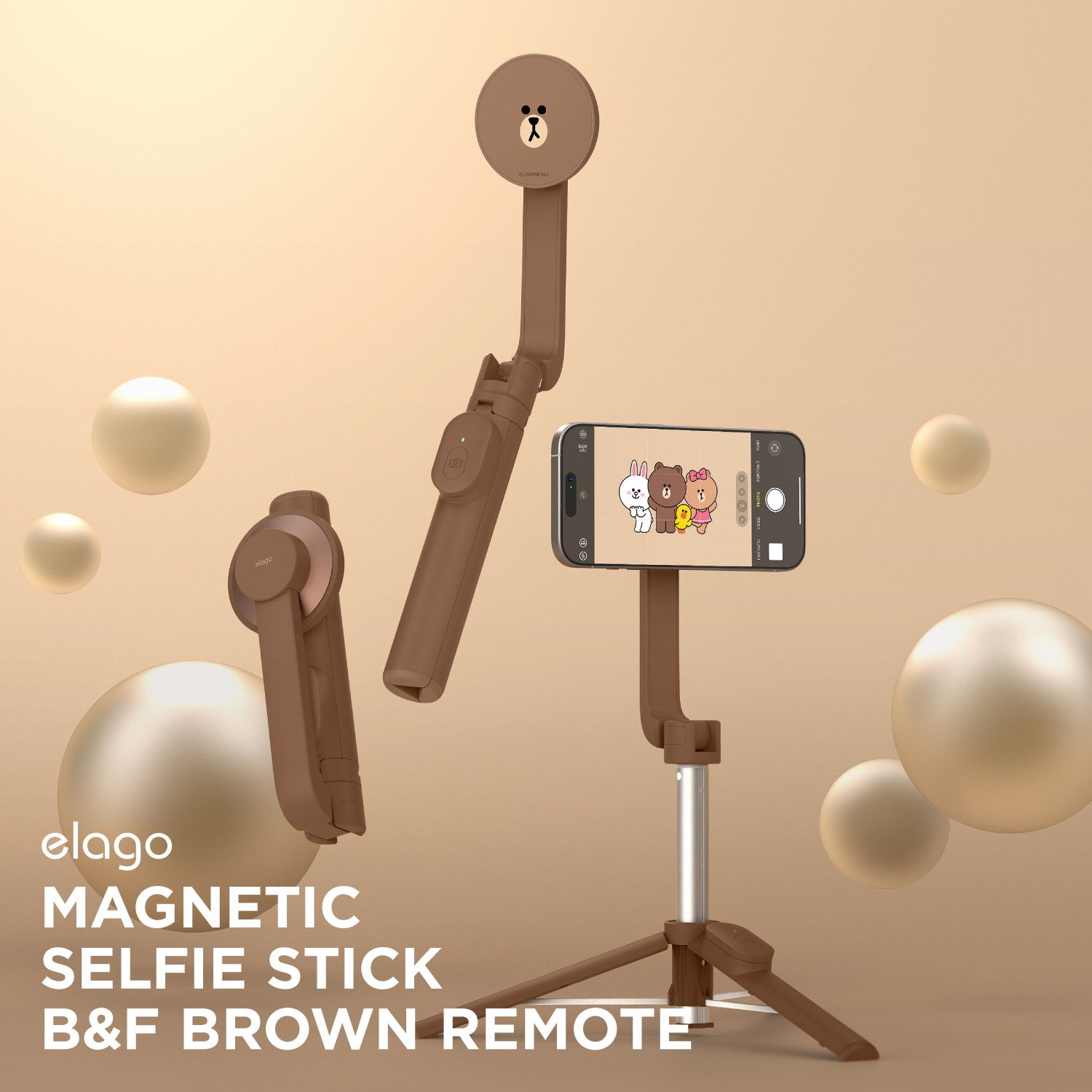 ラインフレンズ 公式ライセンス スマホ 用 自撮り棒 三脚 リモコン 付 MagSafe iPhone 他各種 スマホ 対応 elago MAGNETIC SELFIE STICK B&F BROWN REMOTE