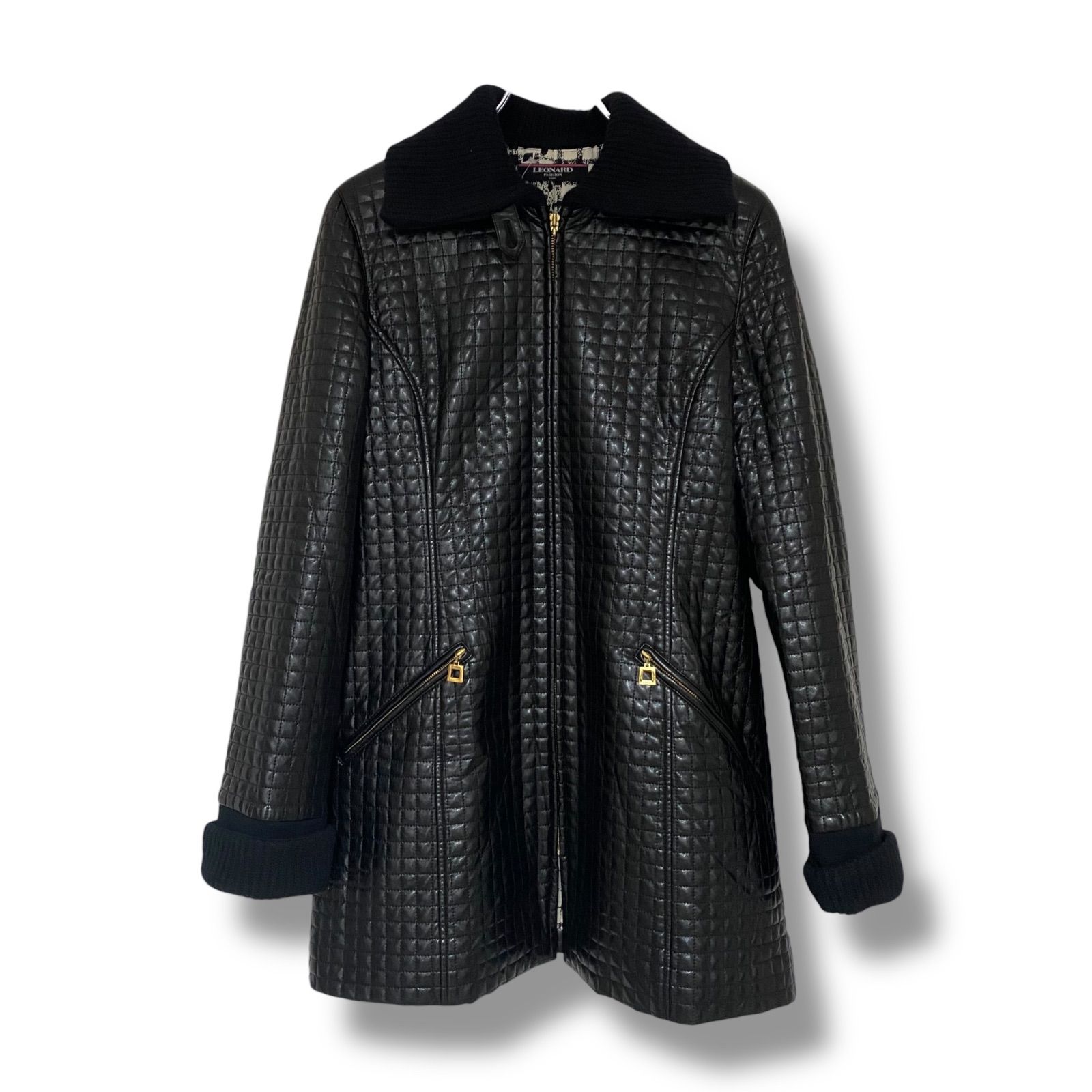 LEONARD レオナール ブラック レザー風コート ファートリム ゴールド
