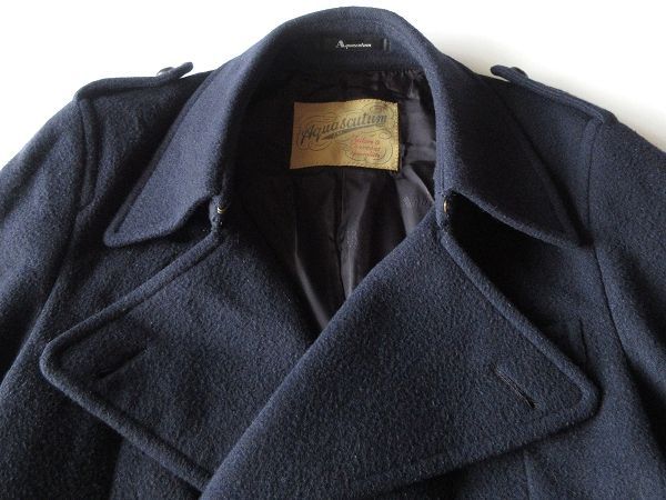 美品 高級 Aquascutum ダブルロングコート ネイビー ウール 日本製 高級 Aquascutum アクアスキュータム ロゴ釦 ウールカシミヤ ソフト