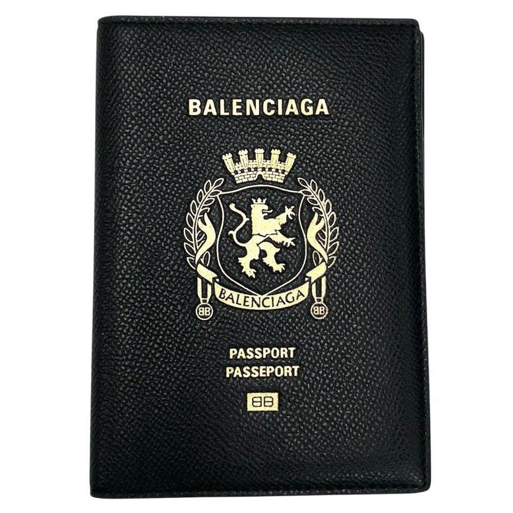 バレンシアガ パスポートケース ユニセックス ロゴプリント カードケース BALENCIAGA 787742 レザー ブラック 黒 ゴールド 美品【中古品】