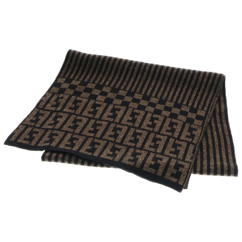 FENDI (フェンディ) ズッカ柄 ウール ストライプマフラー ブラウン