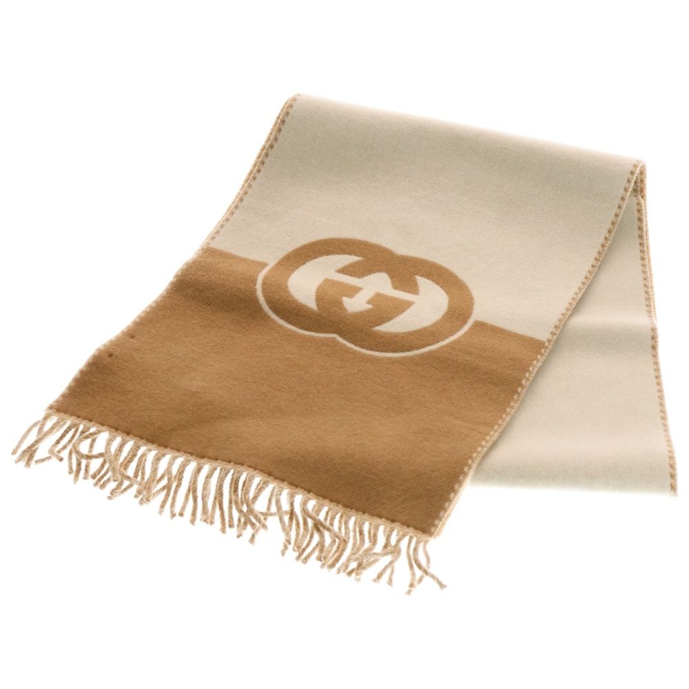 【美品】 GUCCI ベージュ フリンジ マフラー GUCCI (グッチ) インターロッキングG カシミヤスカーフ フリンジ