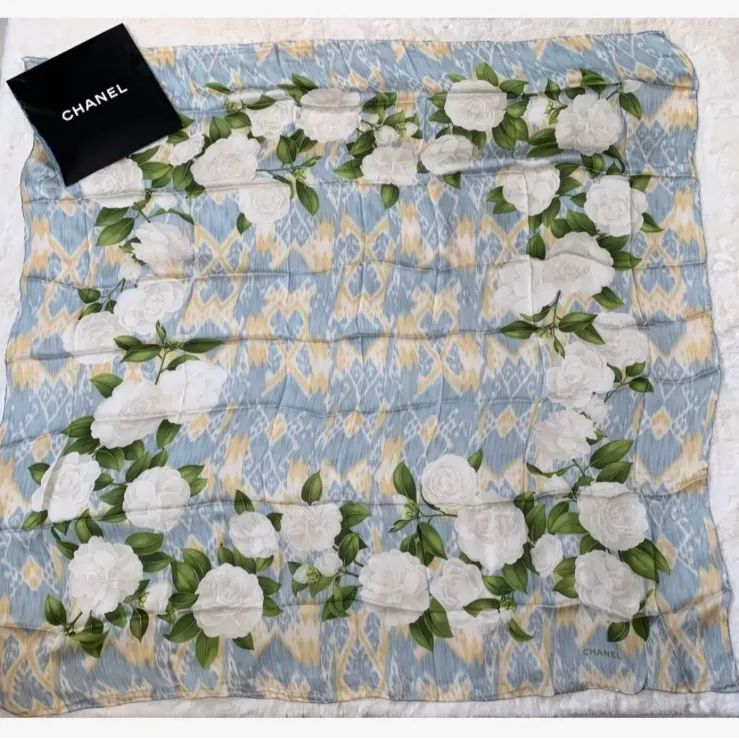 CHANEL シルク スカーフ ヴィンテージ カメリア柄 シフォン ライト